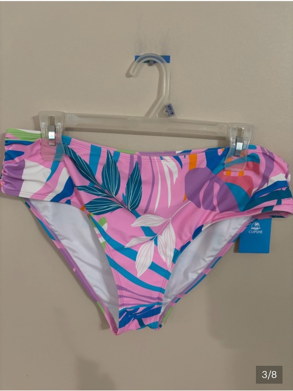 Cupshe Blue Ribbed Scoop Bikini Top with Pink Tropical Print Bottoms - Picture 3 of 8